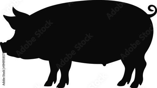 Black silhouette of a full-bodied pig facing left with a curled tail and visible udders, isolated on a white background