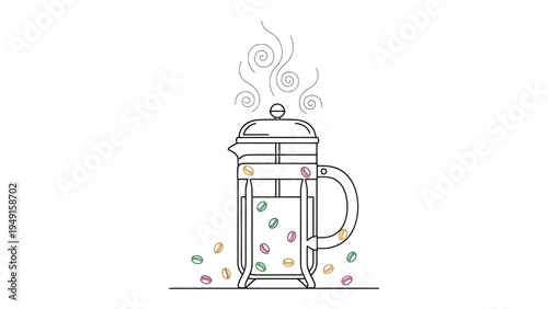 Coffee Press Illustration: A meticulously drawn coffee press, exuding warmth and artistry. The gentle swirls of steam and scattered beans hint at the rich flavors and inviting aroma. 