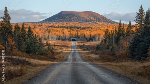 Serene Autumn Road Leads to Tunnel Beneath Vibrant Forested Mountain