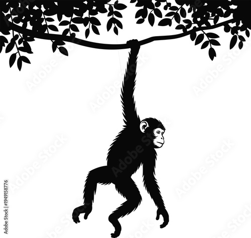 Black silhouette of a monkey hanging from a tree branch with leaves overhead in a jungle environment