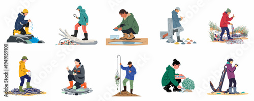 Illustrations of people collecting plastic waste and microplastics on beaches, showcasing environmental conservation, scientific research, and cleanup efforts in various coastal settings.