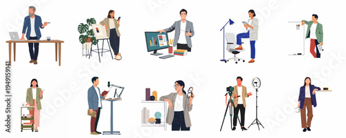 Collection of diverse professional office workers and creative entrepreneurs in various modern workspace settings, featuring vector flat character illustrations.