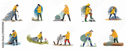 Collection of Fishermen and Fisherwomen in Yellow Raincoats Working with Fishing Nets, Isolated on White Background