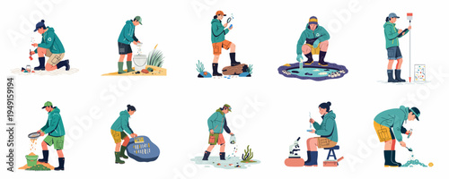 Environmental scientists and volunteers investigating microplastic pollution and conducting coastal cleanup activities in various field research scenarios.