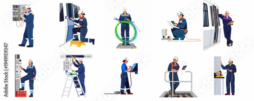 Set of Illustrations Featuring Male and Female Electrical Technicians Performing Maintenance, Inspections, and Repairs in Public Transit and Industrial Settings