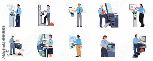 Flat Vector Illustrations of Uniformed Transportation Staff Interacting with Digital Kiosks and Vehicle Control Panels