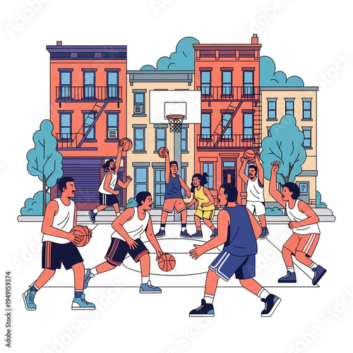 Street Basketball Game Illustration Urban Cityscape Vector Graphic Sporty People Playing Outdoors Fun Recreation Lifestyle Design