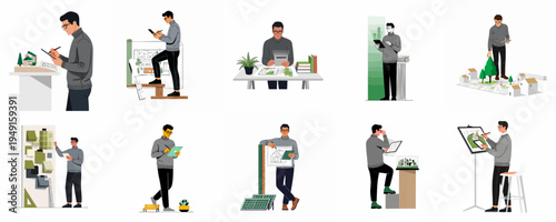 A collection of illustrations depicting a professional male architect working on urban planning, sustainable energy projects, and architectural designs using tablets and blueprints.