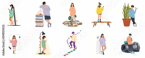 A collection of colorful flat illustrations showing young people using smartphones and engaging with social media in creative and conceptual settings.
