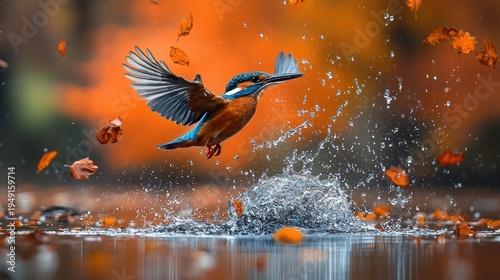 Kingfisher's Plunge: Autumnal Splash of Color and Motion in Water