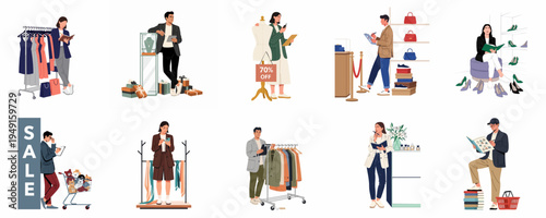 Professional retail workers and store managers managing inventory and visual merchandising in various departments like fashion, jewelry, and lifestyle shops.