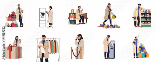 Collection of flat vector illustrations featuring diverse characters shopping, analyzing deals, and managing gifts during a major seasonal sale event.
