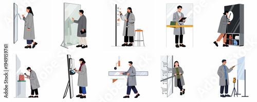 Vector illustrations of people interacting with modern technology, digital screens, and retail kiosks in professional and shopping environments.