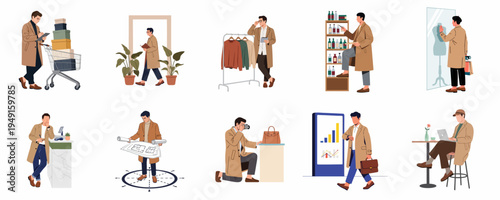Set of vector illustrations depicting a stylish man in a tan coat in various professional and lifestyle scenarios.