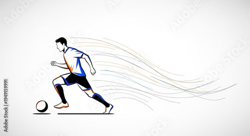 Soccer player dribbling ball with abstract motion lines.