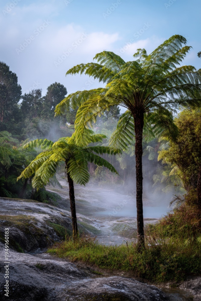 Obraz premium Steam rising over rocky stream with tall treeferns and lush vegetation creating a misty rainforest clearing