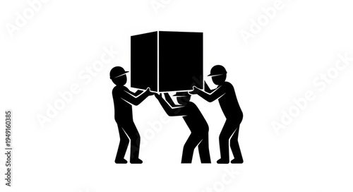 Three people lifting a large black box together.