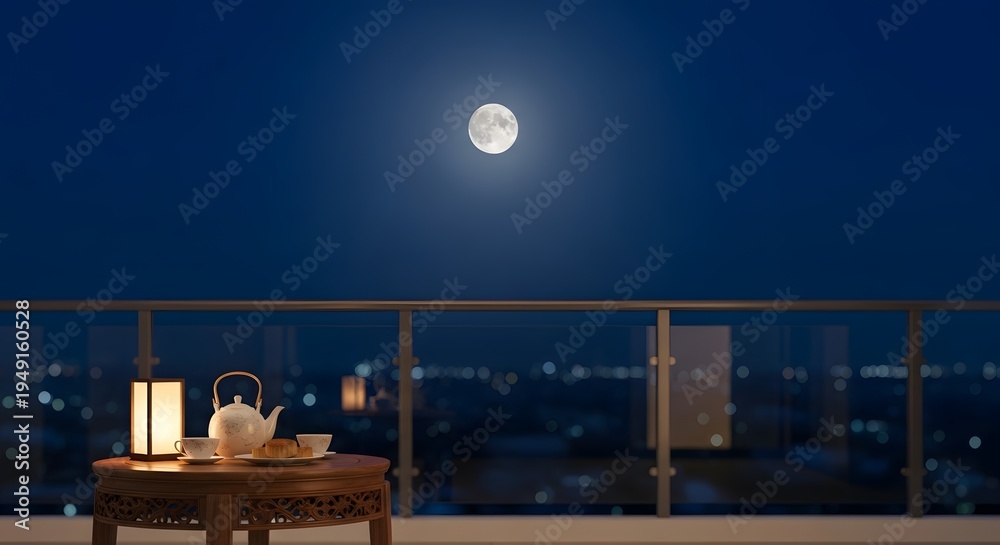 Fototapeta premium Full moon view from a balcony with tea set at night