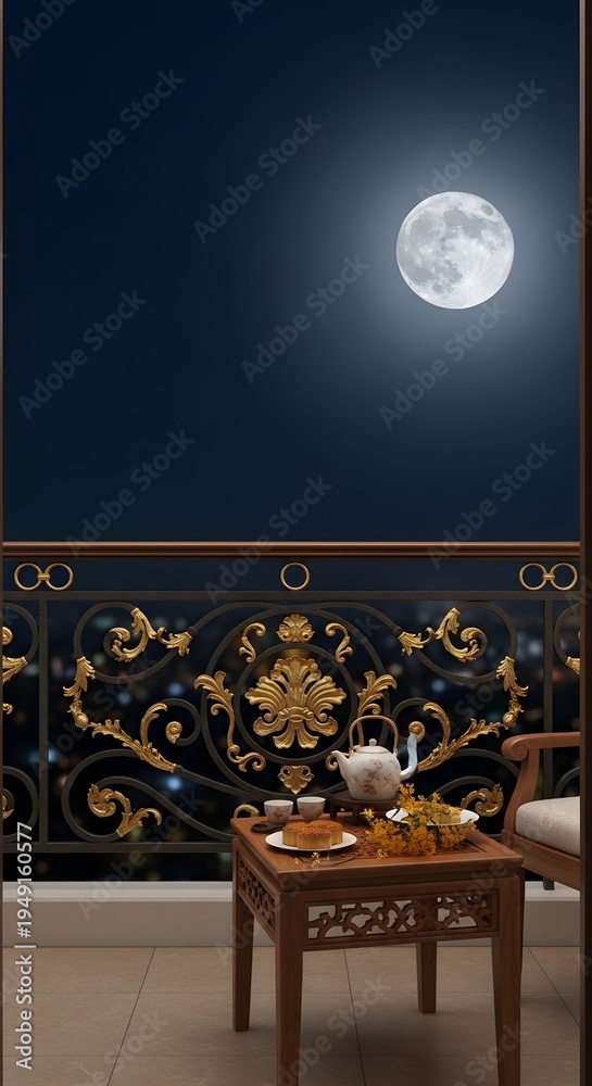 Obraz premium Moonlit balcony setting with traditional mooncake and tea for Mid Autumn Festival celebration