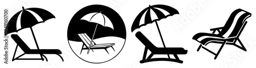 Beach chairs and umbrellas set on sandy shore relaxing vacation flat design vector illustration