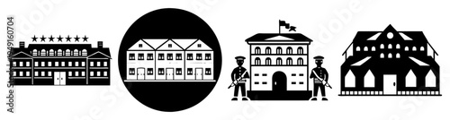 Military barracks and castle buildings flat design vector illustration set with soldiers and architecture