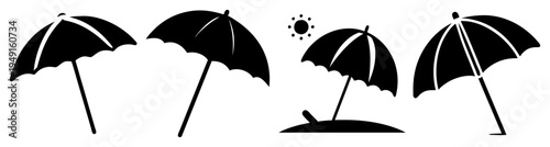Four black umbrellas on sandy beach with raindrops vector illustration flat design