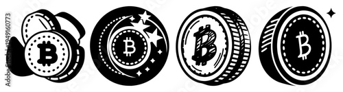 Stack of golden Bitcoin coins growing with upward arrow vector illustration flat design scalable graphic