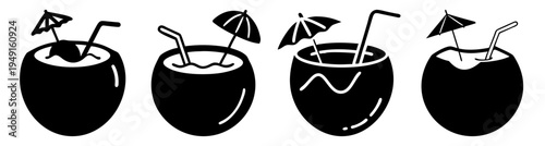 Tropical coconut cocktails with colorful umbrellas summer beach party vector illustration flat design