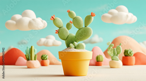 3D Plastic or Clay Cactus in Pot, Illustration with Other Cacti in Background, Decorative Plant Concept, Modern Botanical Art.