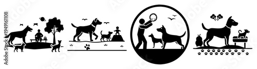 Dogs playing and walking in park with owners flat design vector illustration set