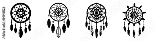 Black and white dreamcatcher set with feathers vector illustration, native american symbol flat design art