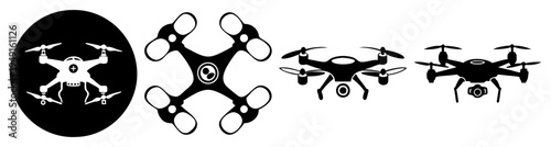 Fleet of four modern drones flying in formation vector illustration, scalable flat design graphic