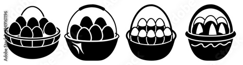 Four colorful egg baskets with smiling faces vector illustration, flat design breakfast food graphic
