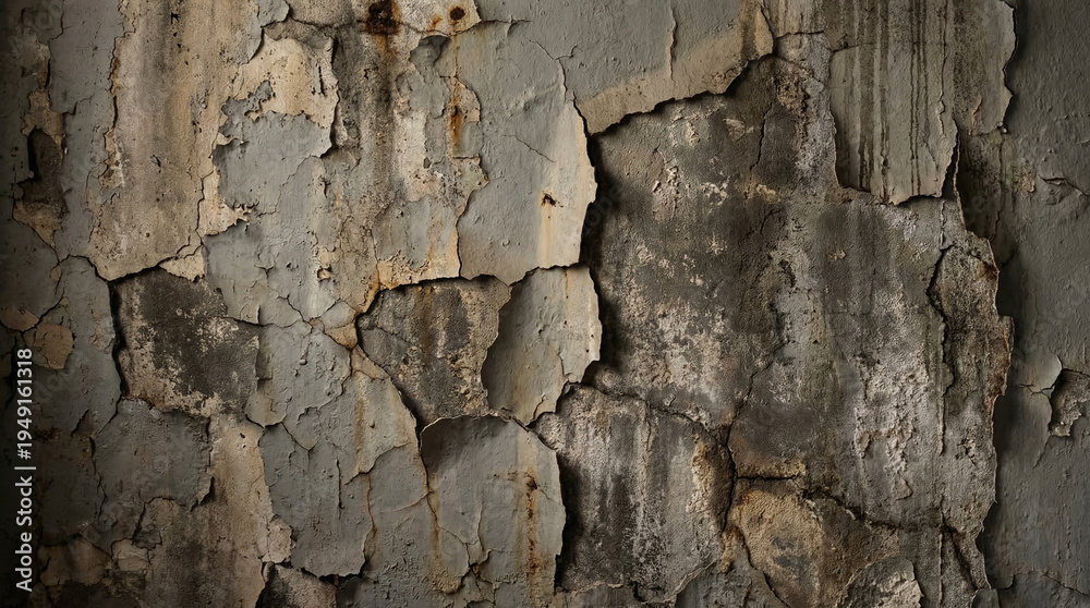 Fototapeta premium Close-up of weathered gray wall texture revealing cracks, crumbling surface under dim light showing decay