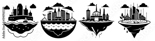 Floating futuristic city skyline with cruise ships and skyscrapers vector illustration flat design