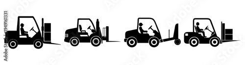 Set of four forklifts in flat design vector illustration for warehouse and logistics industry