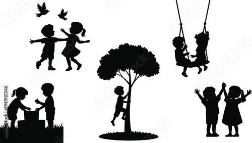 Children silhouettes engaged in various outdoor activities like playing, climbing a tree, and swinging, depicting a joyful childhood