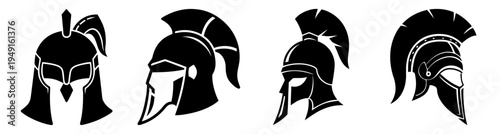 Ancient gladiator helmets set in black and white flat design vector illustration scalable art