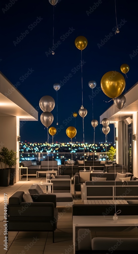 Obraz premium Luxury rooftop lounge with floating gold and silver balloons at night