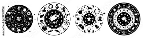 Zodiac horoscope astrology signs wheel chart with black and white cosmic symbols vector illustration