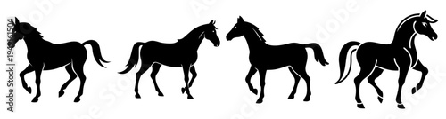 Four galloping black horses running in a line minimalist flat design vector illustration