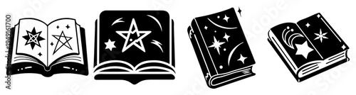 Magic spell book with glowing stars and pentagram symbols opening vector illustration