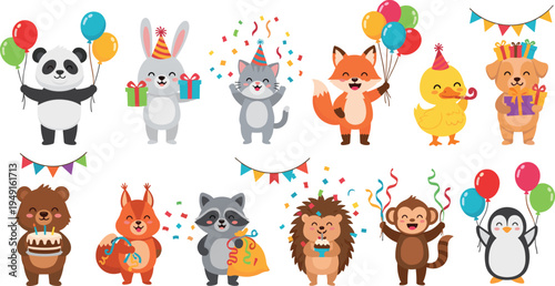 Cute Cartoon Animals Birthday Party Vector Illustration Set Featuring Panda Rabbit Cat Fox Duck Dog Bear Penguin and Monkey with Balloons and Gifts