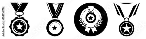 Set of four gold and silver victory medals with stars and laurel wreath vector illustration