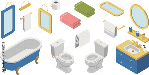 Bathroom fixtures accessories set, bathtub toilet sink mirrors towels soap holder tissue roll vanity cabinet isometric vector illustration collection