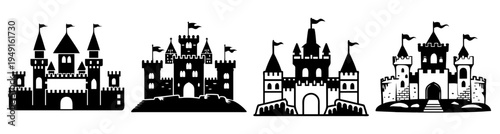 Medieval castle silhouette with towers and flags vector illustration flat design night scene
