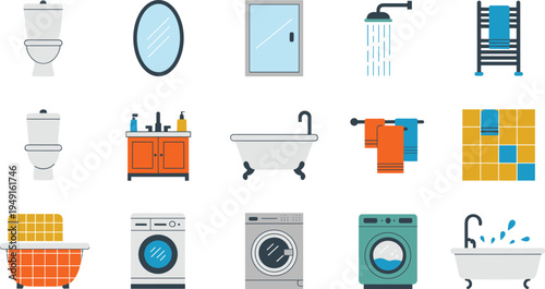 Bathroom flat icon collection, toilet, shower, bathtub, sink, mirror, towel rack, washing machine, laundry appliances, hygiene vector set
