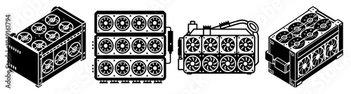 Set of vintage mining rigs and computer hardware devices vector illustration flat design