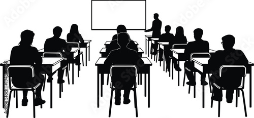 Classroom scene silhouette with students at desks facing a teacher and a blank presentation screen