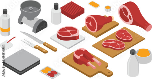 Butcher meat cutting tools and fresh beef cuts set, steak ham butcher knife grinder isometric butchery vector illustration